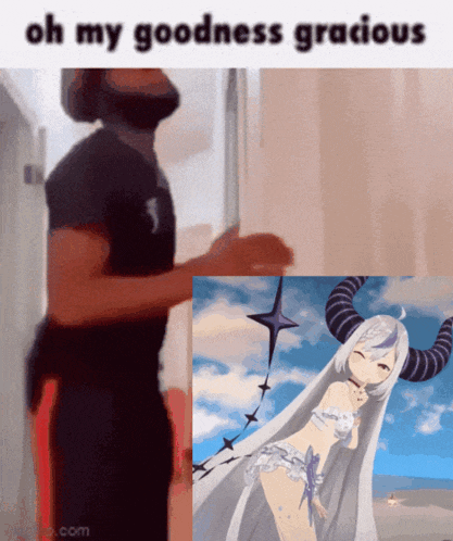 a meme of a man standing next to a picture of a girl with horns