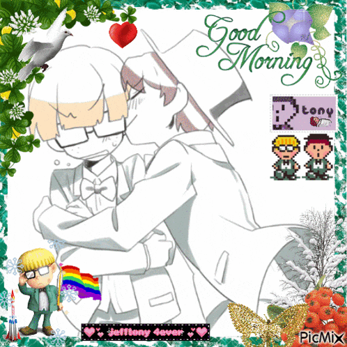 a picture of a man hugging another man with the words good morning at the top