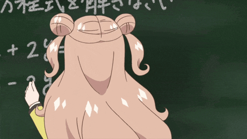 a girl is writing on a blackboard with numbers and letters