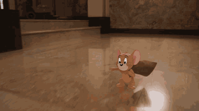 a cartoon mouse named jerry is walking on a marble floor