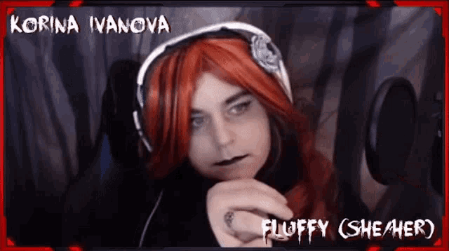 a woman with red hair and headphones named korina ivanova fluffy