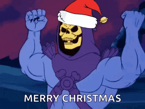 a cartoon of a skeleton wearing a santa hat with the words merry christmas below him