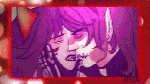 a couple of cartoon characters are kissing each other in a purple and red frame .