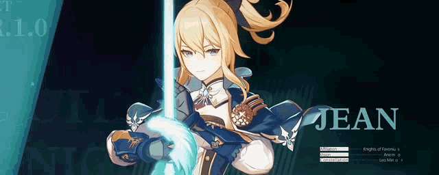 a girl with blonde hair is holding a sword and the name jean is on the bottom