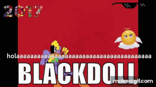 a red background with a cartoon character and the word blackdoll