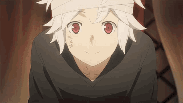a white haired anime character with red eyes and a bandaged head