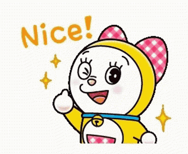 a doraemon cartoon character is waving her hand and saying nice .