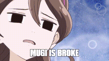 a cartoon girl with a cat ear is making a sad face and the words mugi is broke are written below her .