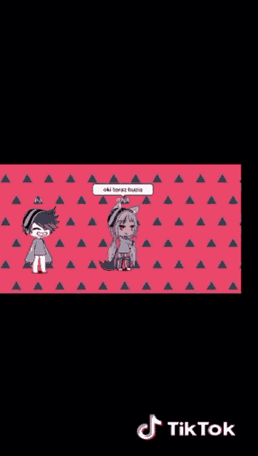a girl and a boy are standing next to each other on a pink background with tik tok written on the bottom