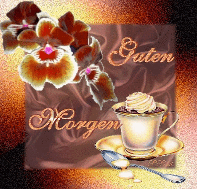 a greeting card with a cup of coffee and a saucer that says morgen