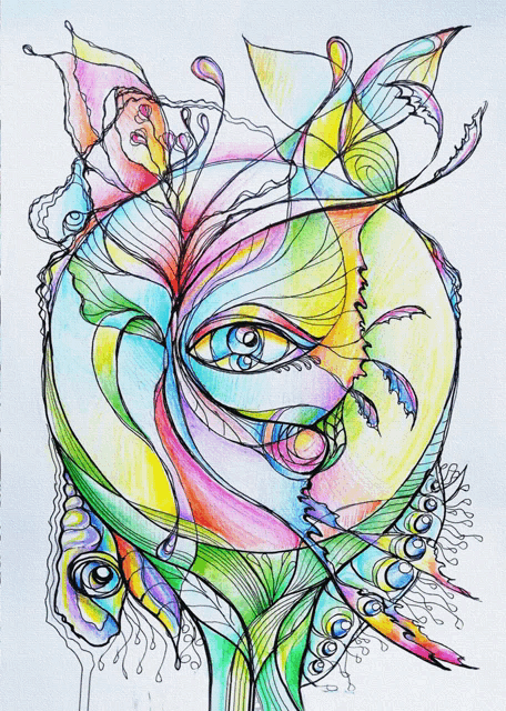 a colorful drawing of a face with a flower and leaves