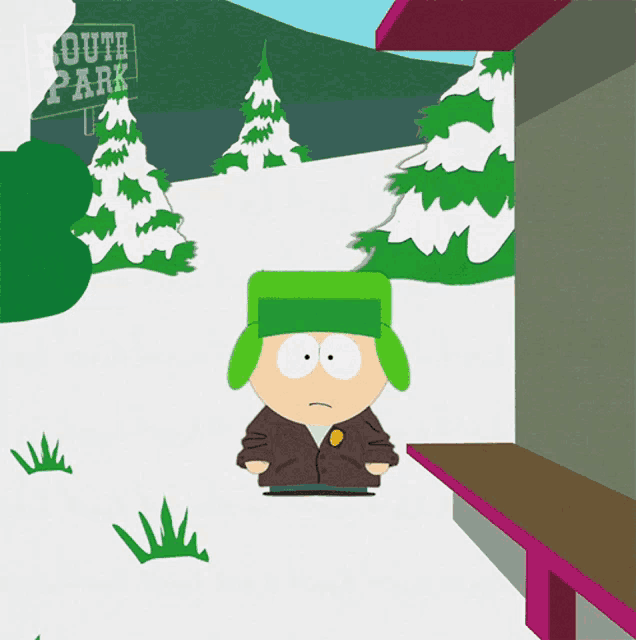 a cartoon character from south park standing in the snow
