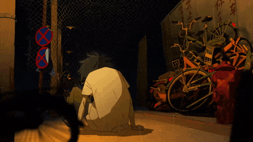 a cartoon drawing of a man sitting in front of a fence with a no parking sign in the background