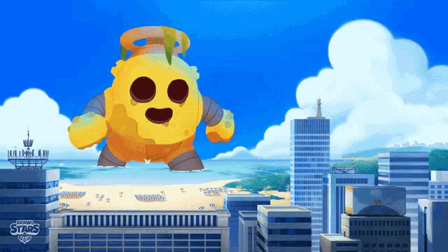 a giant yellow robot is flying over a city in a brawl stars cartoon