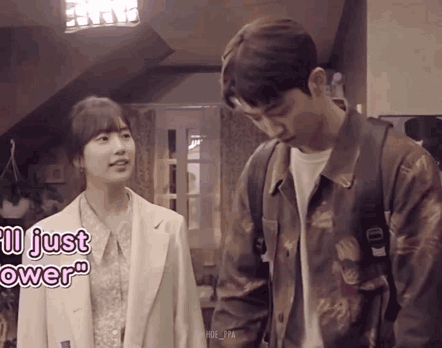 a man and a woman are standing next to each other with the words " i 'll just swear " on the bottom left