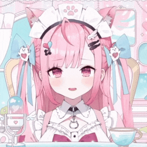 a girl with pink hair is wearing a maid costume