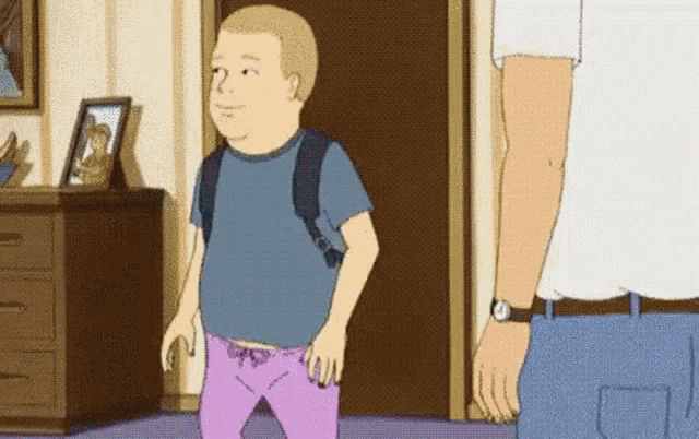 a cartoon of a man standing next to a little boy with a backpack .