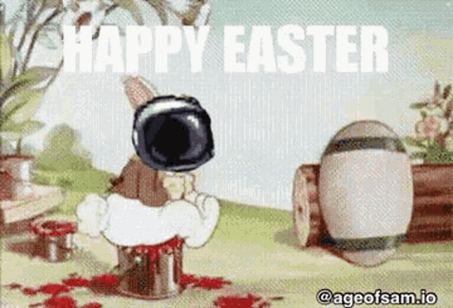 a cartoon of a rabbit with a gun on his head and a happy easter message .