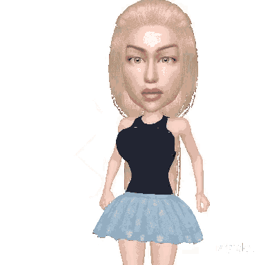 a 3d model of a woman wearing a black top and blue skirt