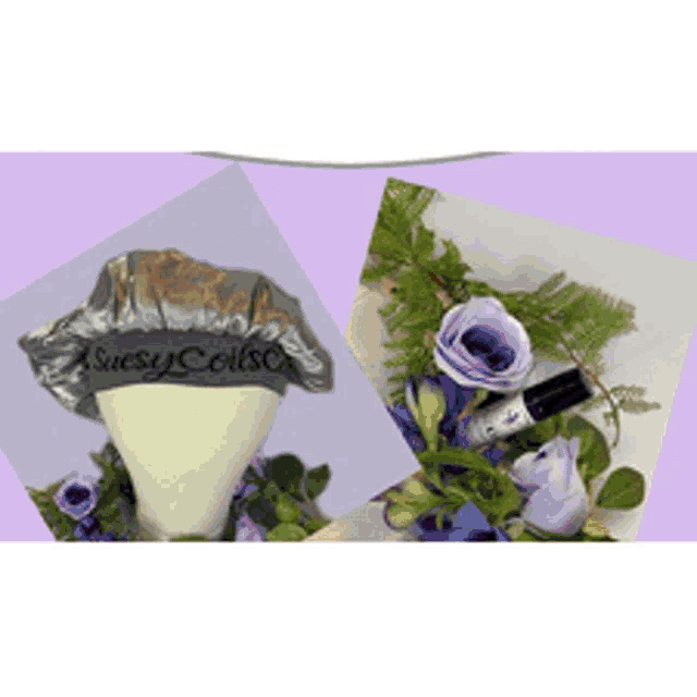 a picture of flowers and a hat that says susy colls