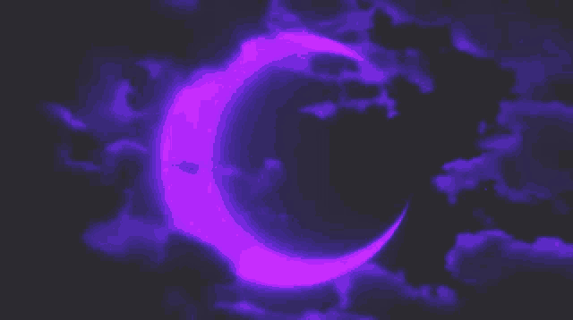 a purple crescent moon is surrounded by purple clouds in the night sky