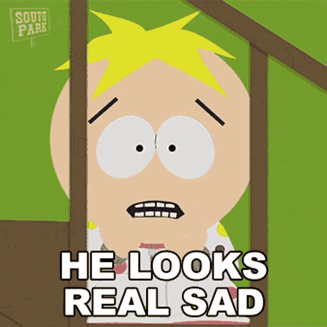 a cartoon character from south park says " he looks real sad "