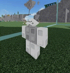 a roblox character is standing in the grass with a dead face on his head .