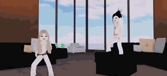 two girls are dancing in a living room with a lot of windows