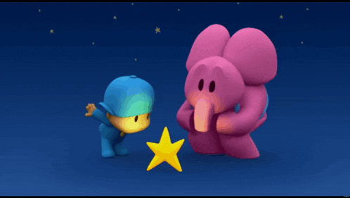 two cartoon characters standing next to each other with one holding a star