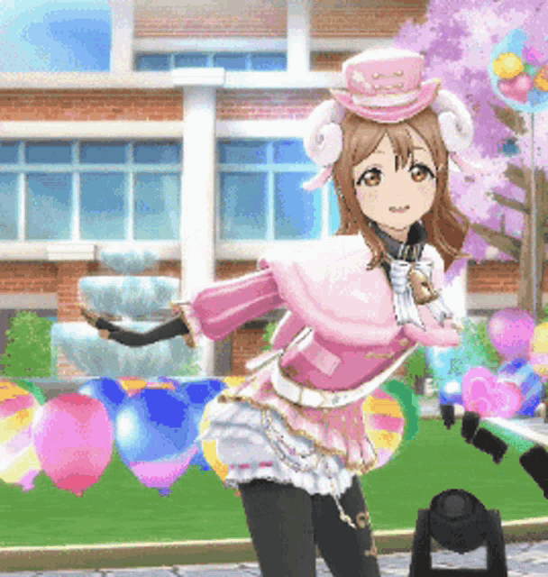 a girl in a pink outfit is dancing in front of balloons and a brick building