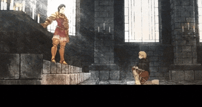 a man in a knight 's armor stands next to a man in a kneeling position