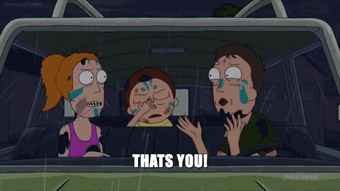 a cartoon character says you 're a baby and an idiot in a car
