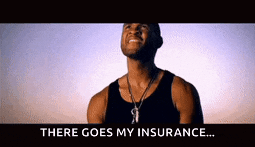 a man in a black tank top is looking up at the sky and says there goes my insurance .