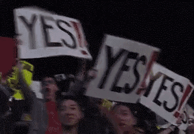 a crowd of people holding up signs that say yes .