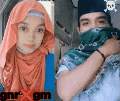 a woman wearing a hijab next to a man wearing a bandana with a skull on it