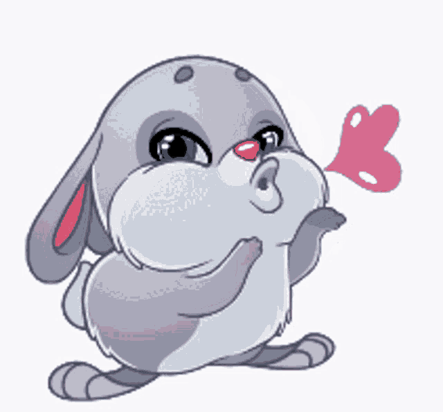 a cartoon rabbit blowing a kiss with a red heart in its mouth