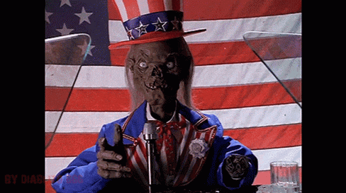 uncle sam is giving a speech in front of a flag