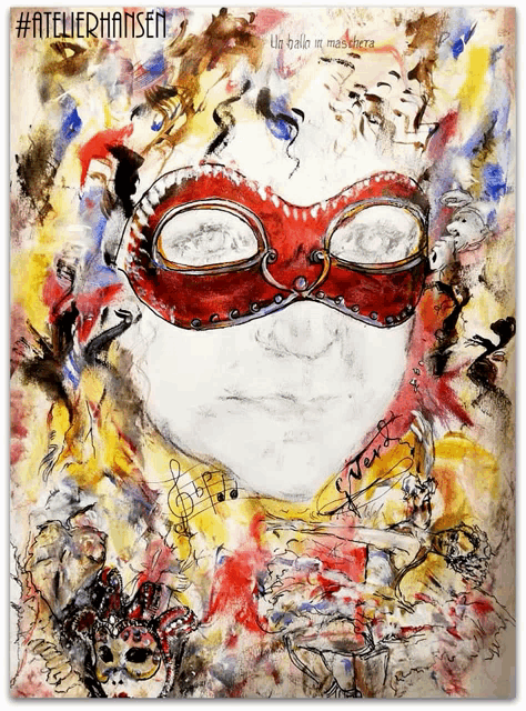 a colorful painting of a person wearing a red mask with the hashtag #atelierhansen on the bottom