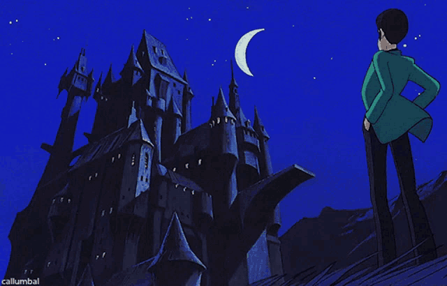 a man in a green jacket is standing in front of a castle with a crescent moon in the background