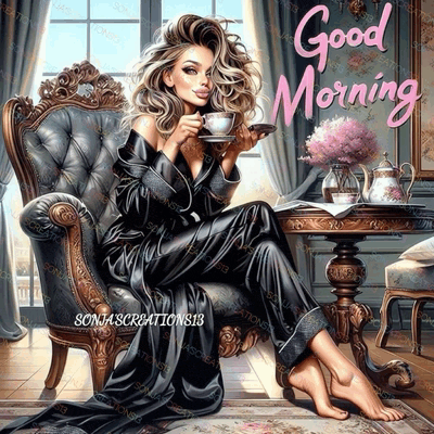 a painting of a woman sitting in a chair holding a cup of coffee and the words good morning