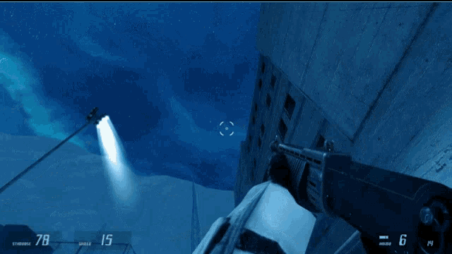 a screenshot of a video game shows a person holding a gun with a score of 78 points