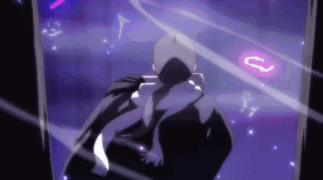 a man in a black cape is standing in front of a mirror with purple numbers coming out of it