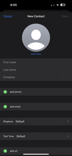 a phone screen shows the new contact page