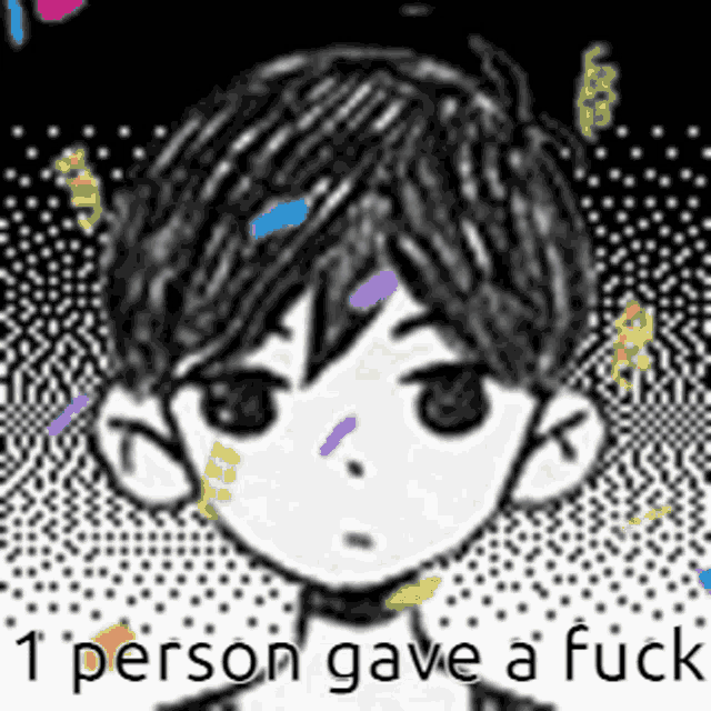 a black and white drawing of a boy with the words `` 1 person gave a fuck '' written below him .