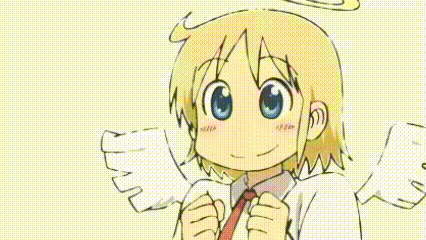 a cartoon girl with wings and a halo on her head is standing in front of a white background .