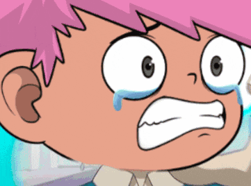 a cartoon character with pink hair is crying with a tear coming out of his eye