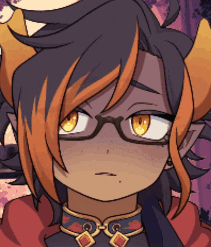 a cartoon character with horns and glasses is looking at the camera
