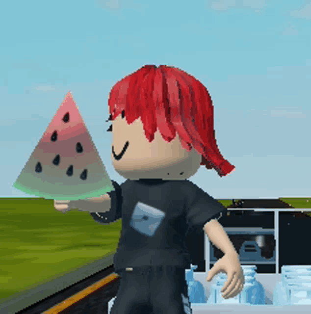 a girl with red hair is holding a watermelon slice