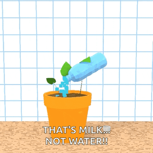a potted plant is being watered with a bottle that says " that 's milk ... not water !! "