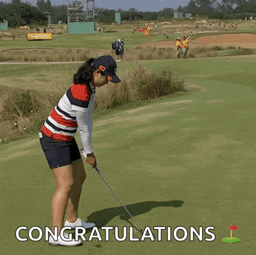 a woman is standing on a golf course with the words congratulations written on the bottom